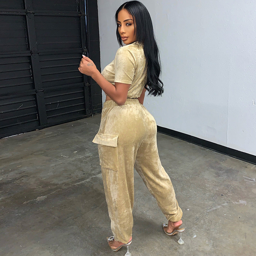 Fashion Sexy Loose Gold Velvet Two Piece Tops Pant Trouser Party Suit