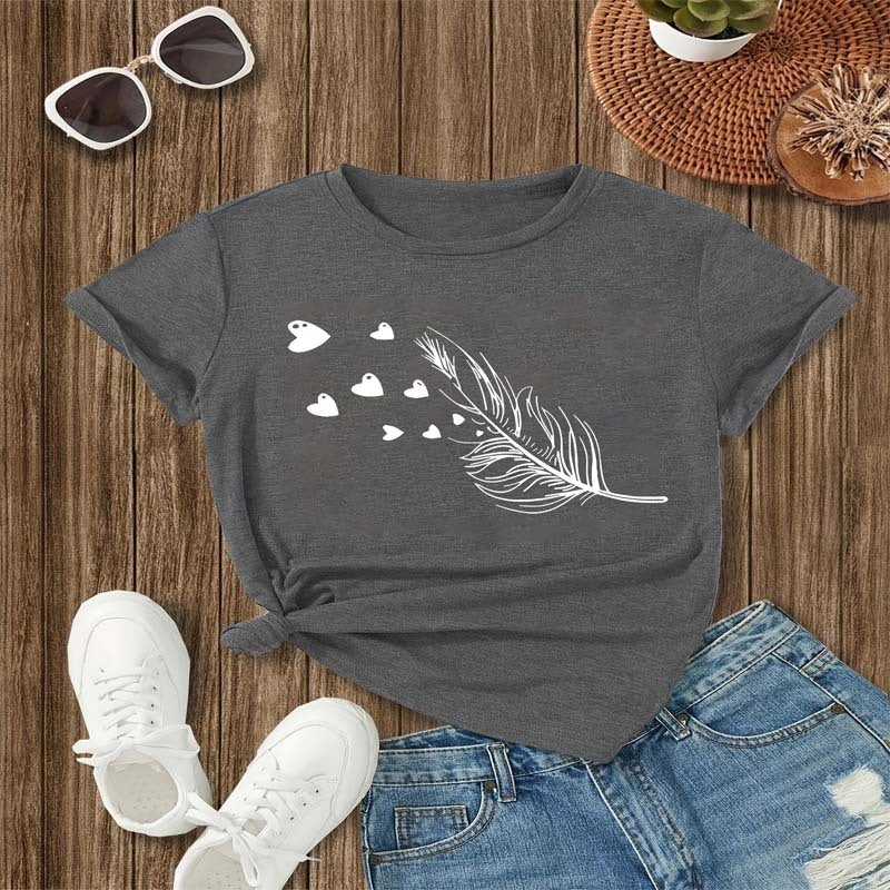 Women's Feather & Heart Print Short Sleeve Crew Neck T-Shirt Tops