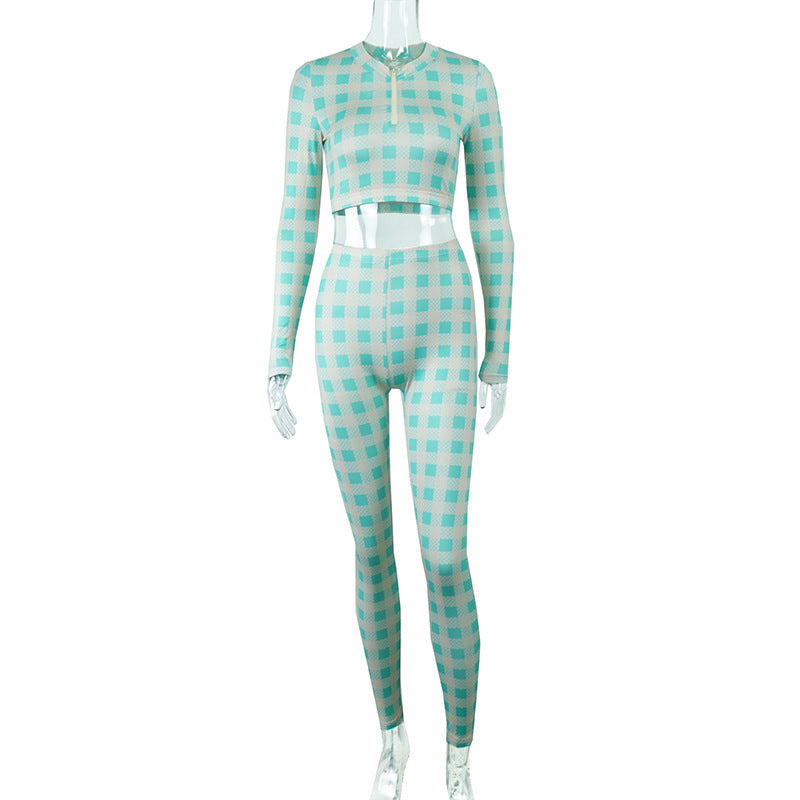 Sexy Long Sleeve Sports Cropped Navel Slim Tops Pant Trousers Suits