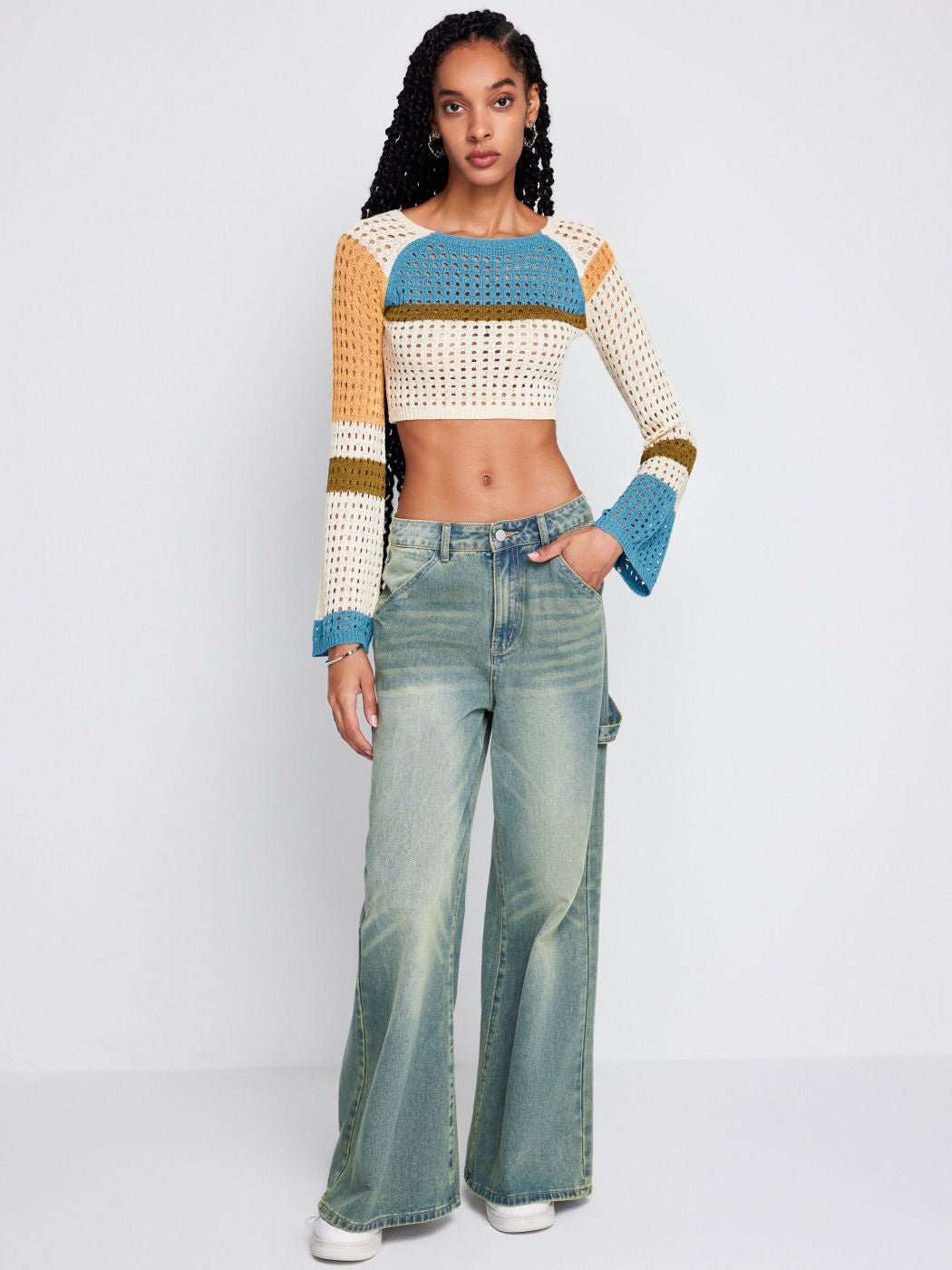 Women Stitching Long Sleeved Hollow Short Waist Knit Sweaters