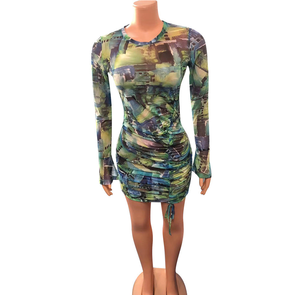 Sexy Women See-Through Print Pleated Long-Sleeved Night Clubbing Party Dress