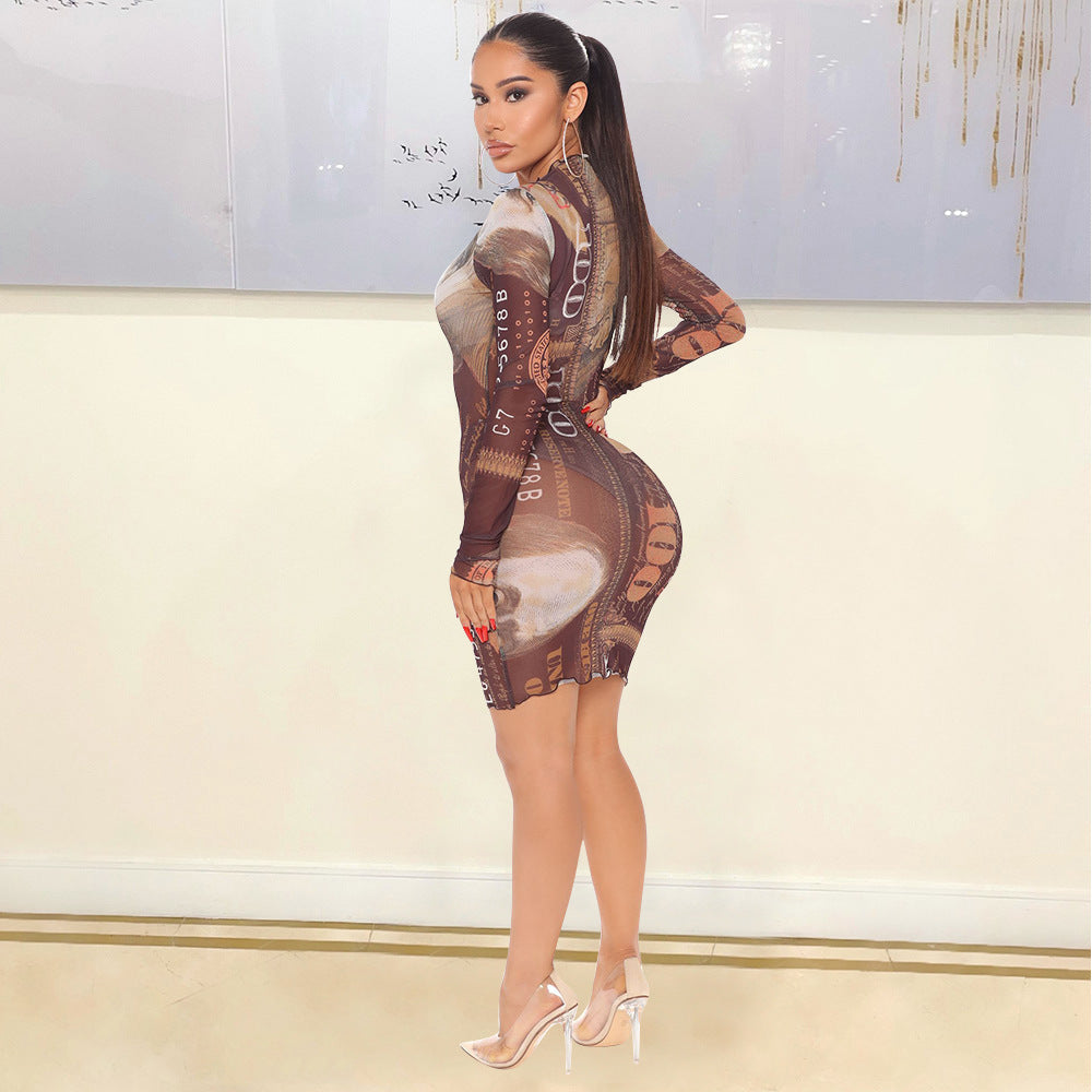 Sexy Mesh See-Through Long-Sleeved Night Party Dress