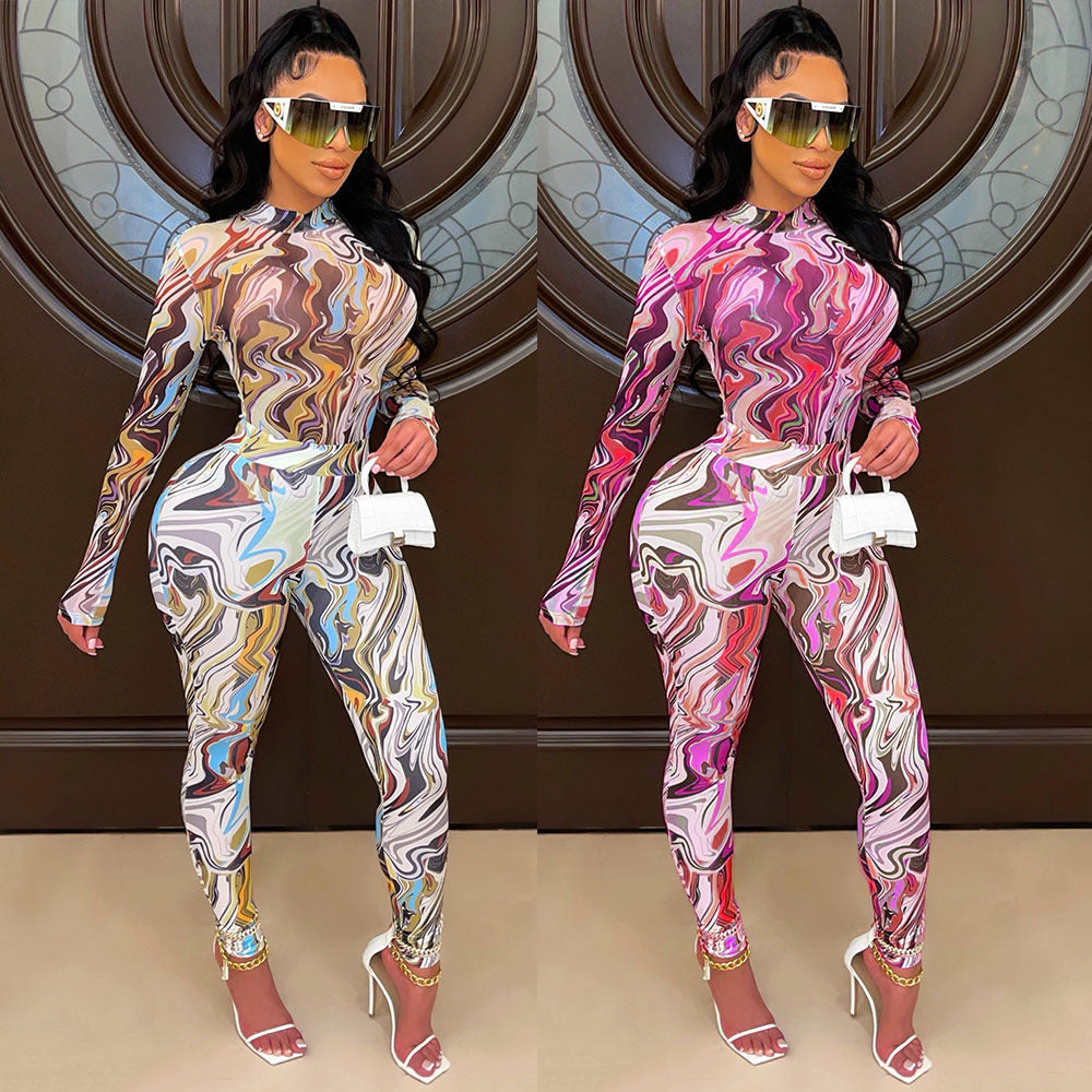 Sexy Mesh Printed Long-Sleeved Skinny Nightclub Party Jumpsuit