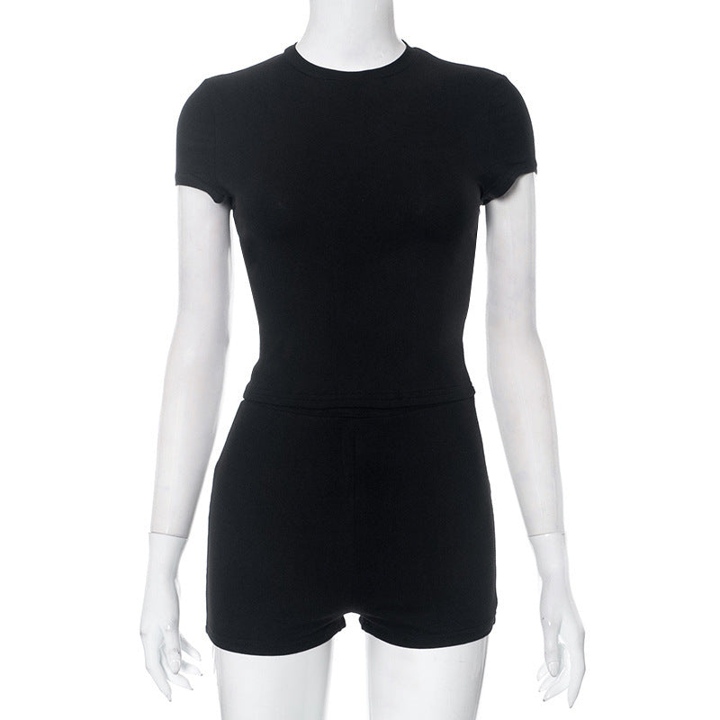 Women Stylish Fashion Solid Color Short-sleeved Tops Shorts Suits