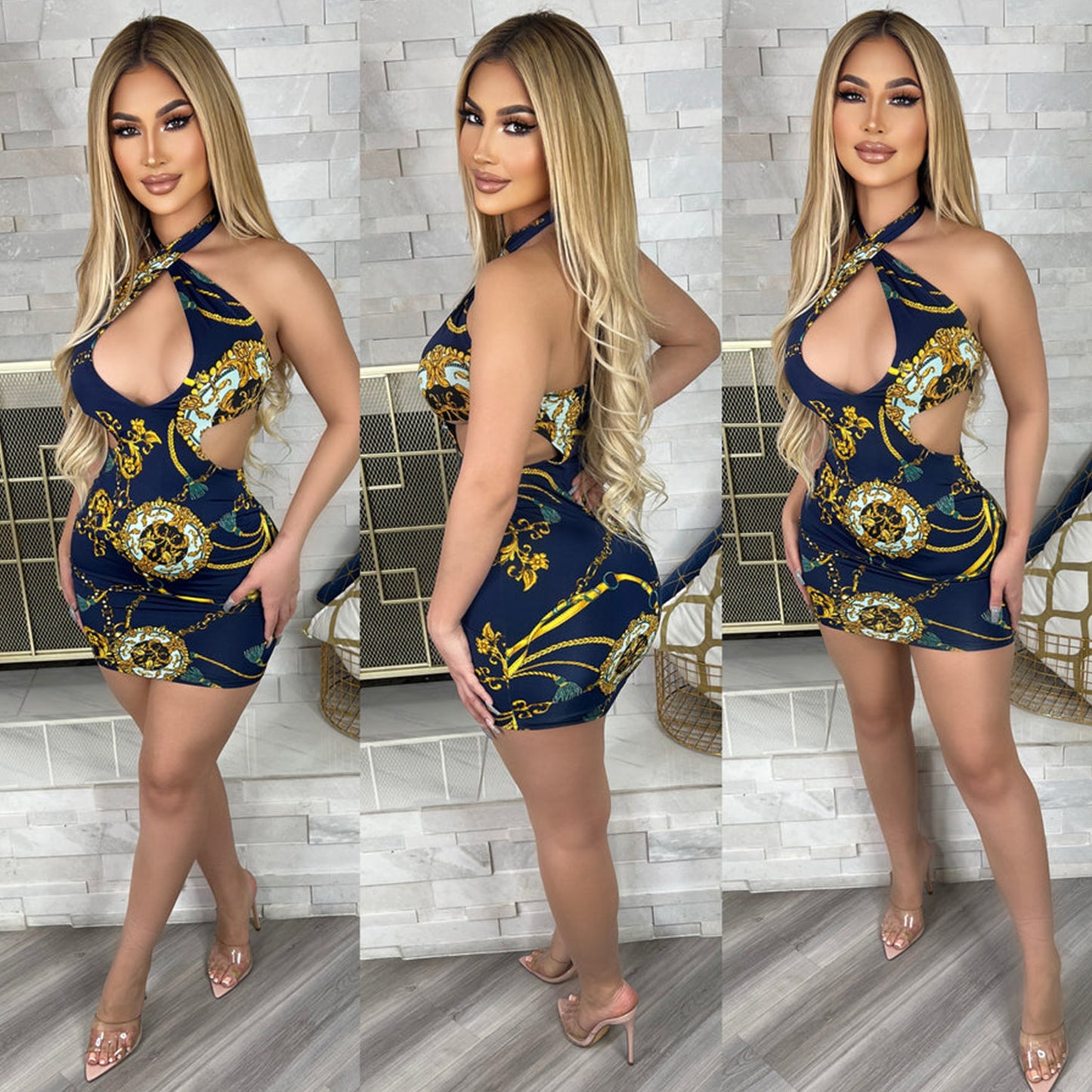 Women's Skinny Print Cutout Halter Nightclub Party Dress