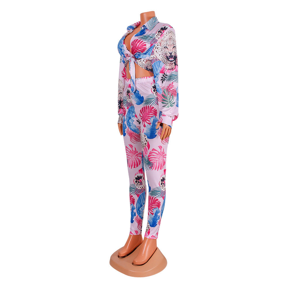 Sexy Fashion Printed Long-Sleeved Tops + Bottom Trouser Suit