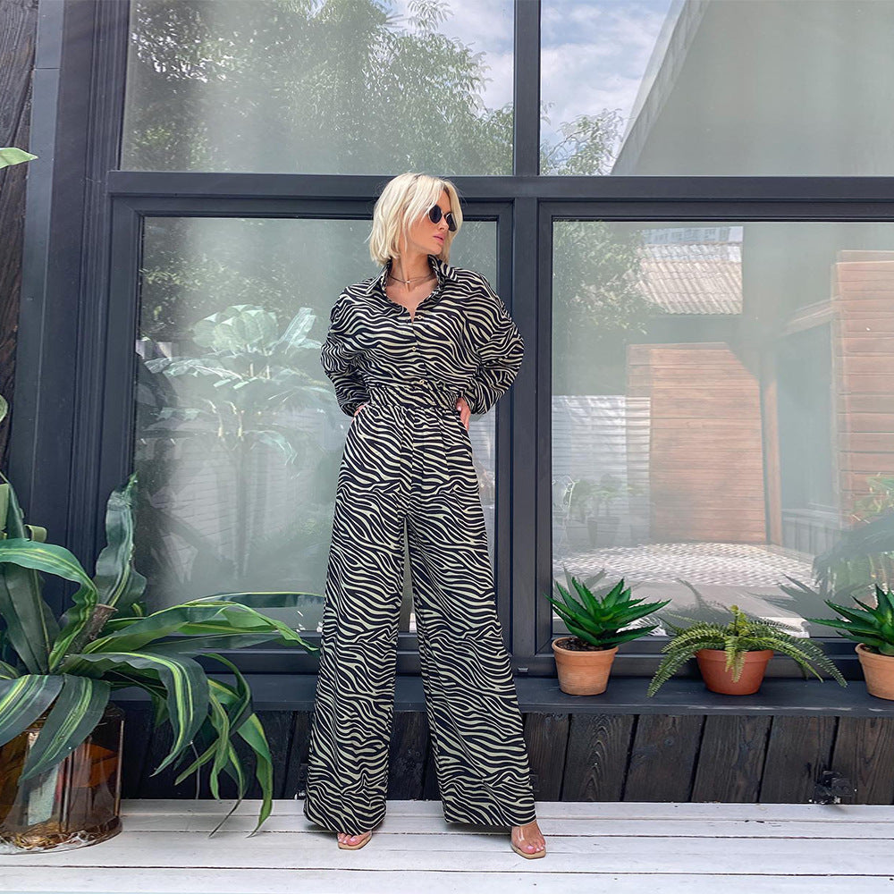 Fashion Print Lapel Long Sleeve High Waist Loose Party Jumpsuit