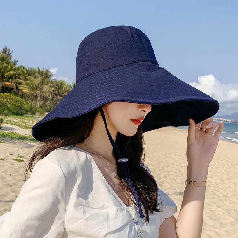 Women Solid Color Big Brim Fisherman Foldable Sun Sunscreen Shading Hat