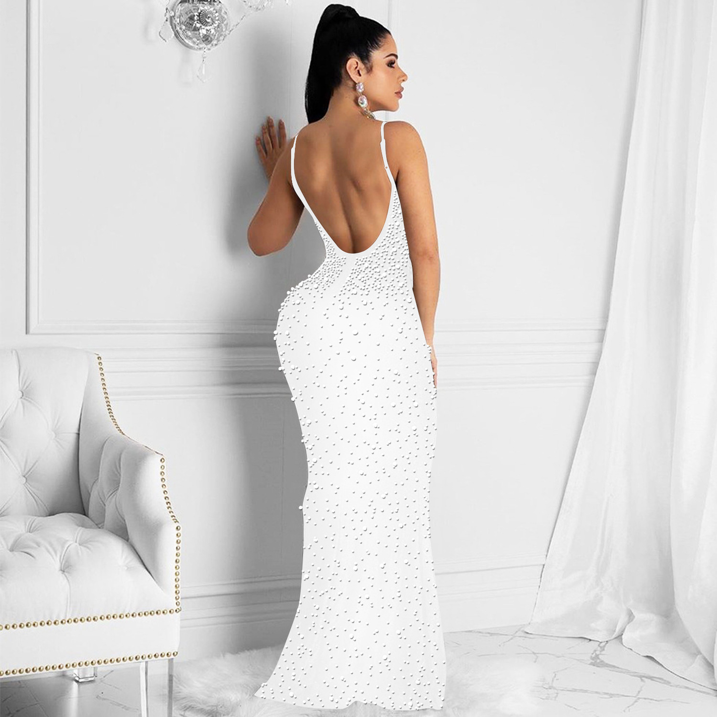 Sexy Fashion Night Club Hot-drilled Beaded Suspender Party Dress