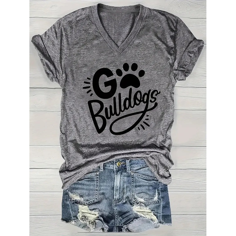 Women's Cute Dog Lover Paw Bulldogs Print Short Sleeve T-Shirts Tees