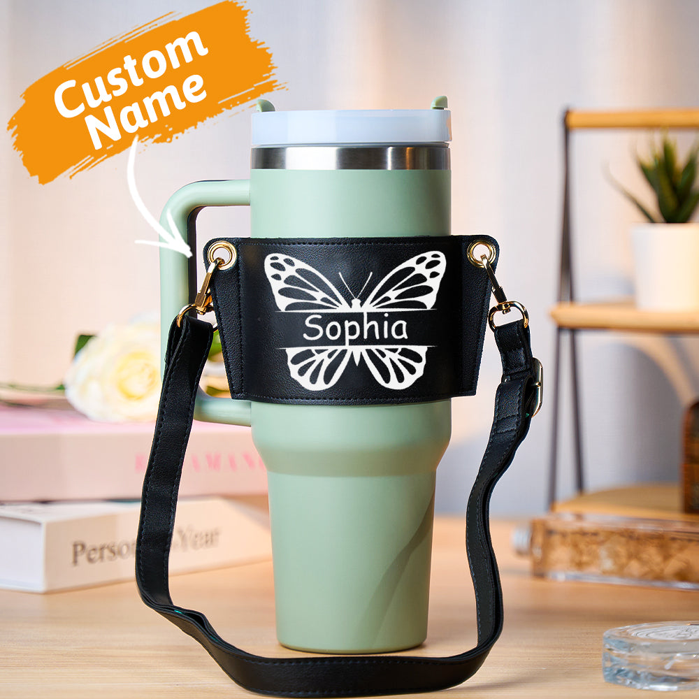 Personalized Butterfly Adjustable Strap Drink Water Bottle Sleeves Carrier Gift Bag - 40oz Stanley Tumbler
