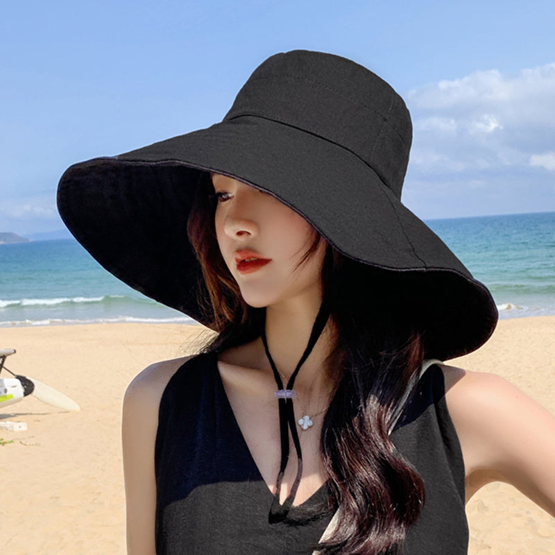 Women Solid Color Big Brim Fisherman Foldable Sun Sunscreen Shading Hat