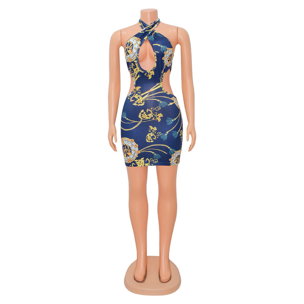 Women's Skinny Print Cutout Halter Nightclub Party Dress