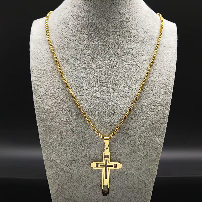 Men Fashion Cross Gold Stainless Steel Choker Cross Stainless Steel Choker Pendant Necklace
