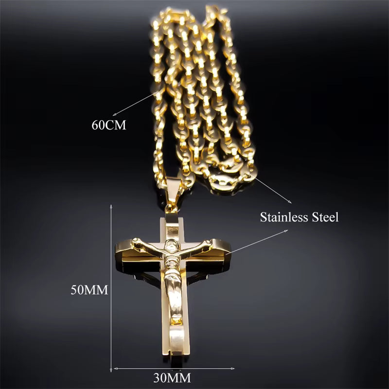 Men Stainless Steel Gold Color Christian Jesus Cross Crucifix Pendant Necklace