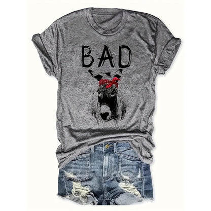 Bad Horse Women Print Short Sleeve T-Shirt Round Neck Tops Tees