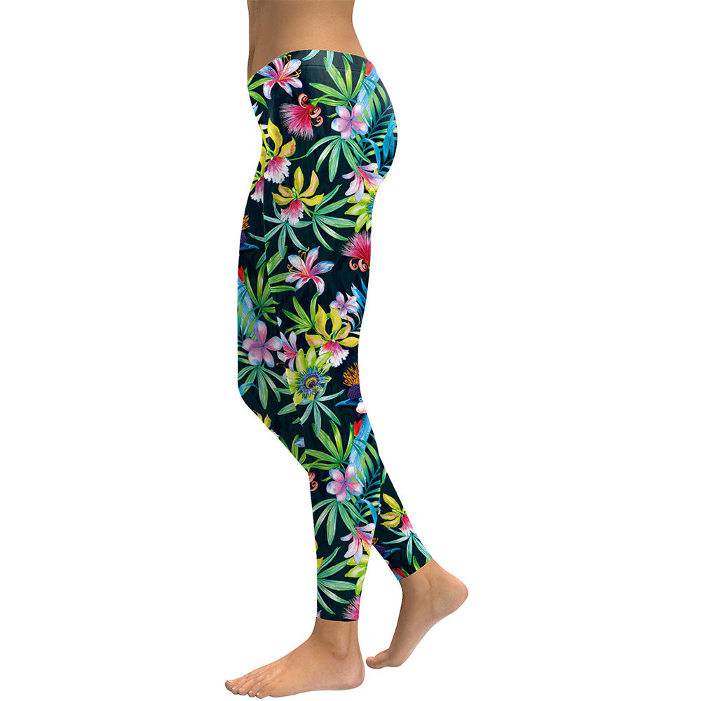 Women Digital 3D Flower Printed Lilies Birds Workout High Wait Elastic Leggins Pants