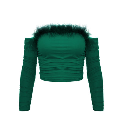 Vintage A Strapless Hair Neck Long-sleeved Tops Backless Shoulder Blouse