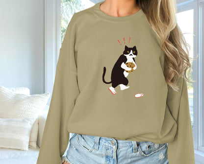 Women Fashionable Solid Color Cat Printed Long Sleeved Sweatshirt Pullover