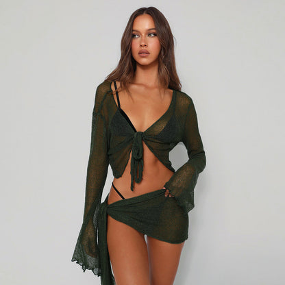 Women Mesh See-through Strap Long-sleeved Wrap Tops Skirt