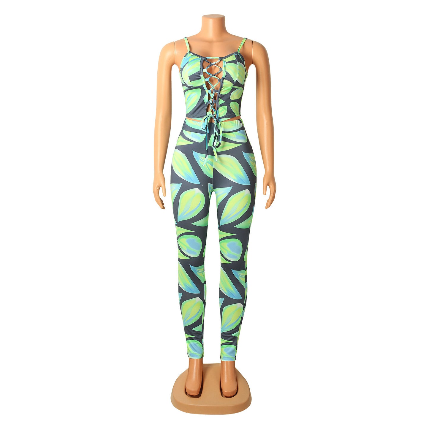 Women Digital Printed Sexy Two-Piece Strap Tops + Pant Trouser Set