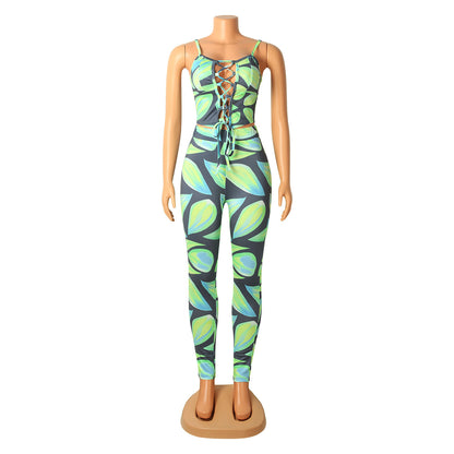 Women Digital Printed Sexy Two-Piece Strap Tops + Pant Trouser Set