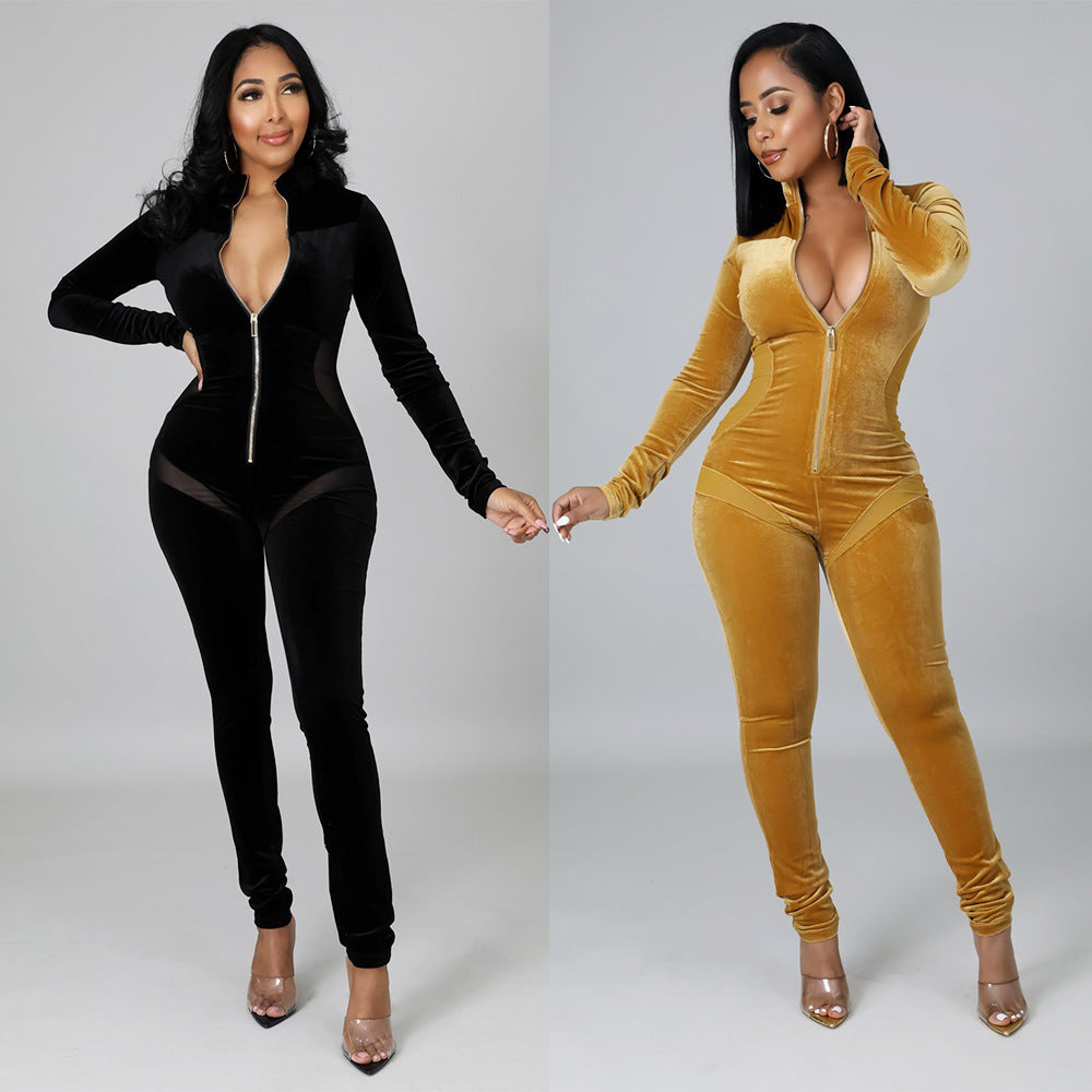 Sexy Skinny Gold Velvet Stitching Long-Sleeved Nightclub Party Jumpsuit