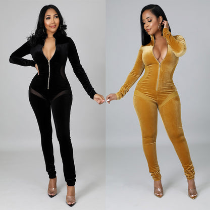 Sexy Skinny Gold Velvet Stitching Long-Sleeved Nightclub Party Jumpsuit