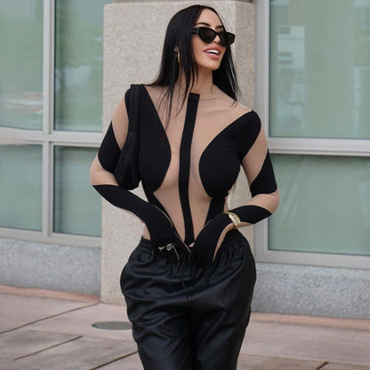 Sexy Fashion Mesh Stitching Long-sleeved Finger Sleeve Bodysuit