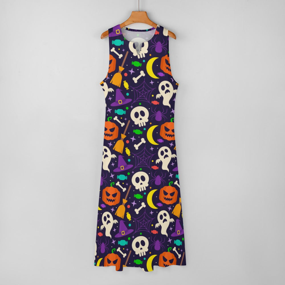 Women Halloween Pumpkins Skulls Prints Sleeveless Long Maxi Evening Party Dress Lg02