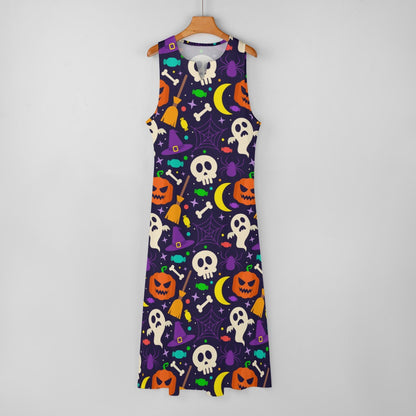 Women Halloween Pumpkins Skulls Prints Sleeveless Long Maxi Evening Party Dress Lg02