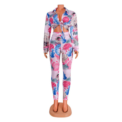 Sexy Fashion Printed Long-Sleeved Tops + Bottom Trouser Suit