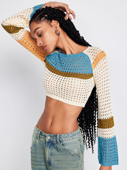 Women Stitching Long Sleeved Hollow Short Waist Knit Sweaters
