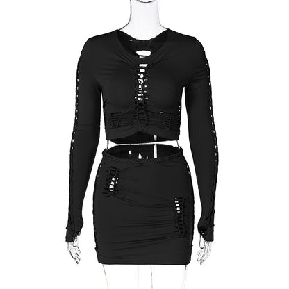 2pcs Women Cut Out Round Neck Long Sleeve Slim Tops Skirt Suits