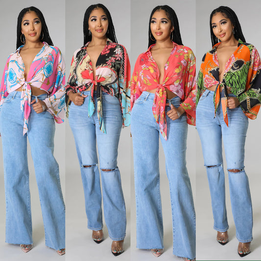 Women's Fashion Print Long Sleeve Flared Sleeve Crop Party Tops Shirt