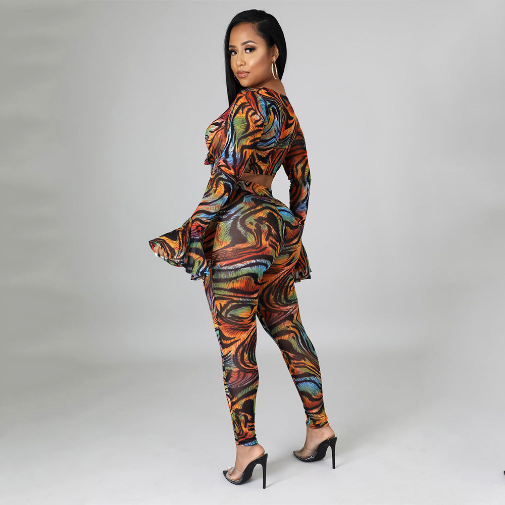 Two Pieces Sexy Fashion Net Gauze Print Slim Sleeve Night Party Tops Pant Trouser