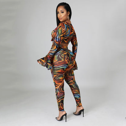 Two Pieces Sexy Fashion Net Gauze Print Slim Sleeve Night Party Tops Pant Trouser
