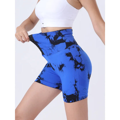 Women Tie Dye Button Sports Shorts High Waist Butt Lift Yoga Fitness Running Fitness Pants