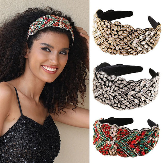 Women Fashion inlaid color diamond wide edge fabric headband hairwear