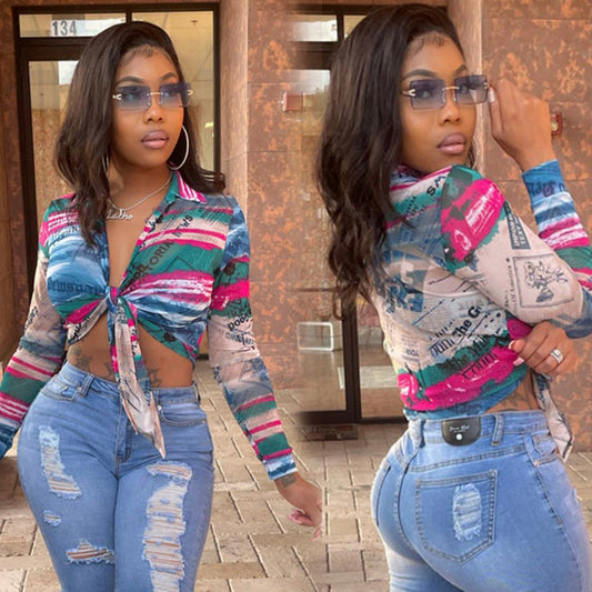 Sexy Women Printed Bow Long Sleeve Party Blouse Shirt