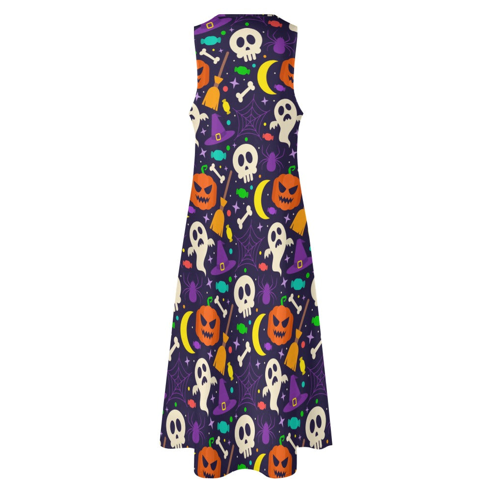 Women Halloween Pumpkins Skulls Prints Sleeveless Long Maxi Evening Party Dress Lg02