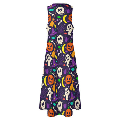 Women Halloween Pumpkins Skulls Prints Sleeveless Long Maxi Evening Party Dress Lg02