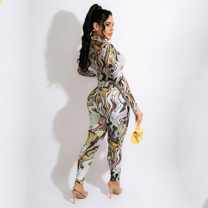 Sexy Mesh Printed Long-Sleeved Skinny Nightclub Party Jumpsuit