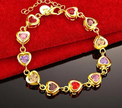 18K Gold Heart inlaid Multi-color Zircon Chain Woman Engagement Party Wedding Bracelet