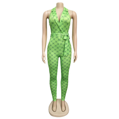 Sexy Printed Halter Nightclub Party Pant Jumpsuit