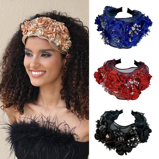 Women Fabric Flower Heavy Industry Wide Edge Crystal Headband Headwear