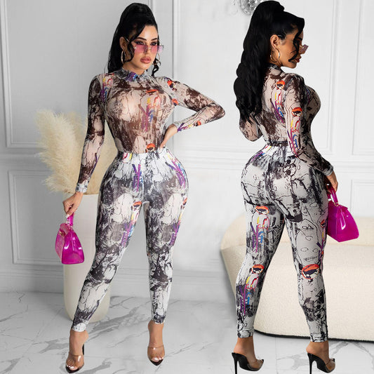 Sexy Mesh Printed Nightclub Party Tops Pant Trouser Suit
