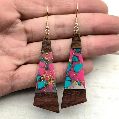 11 Colors Women Walnut Wood Gold Foil Epoxy Resin Art Dangle Earrings