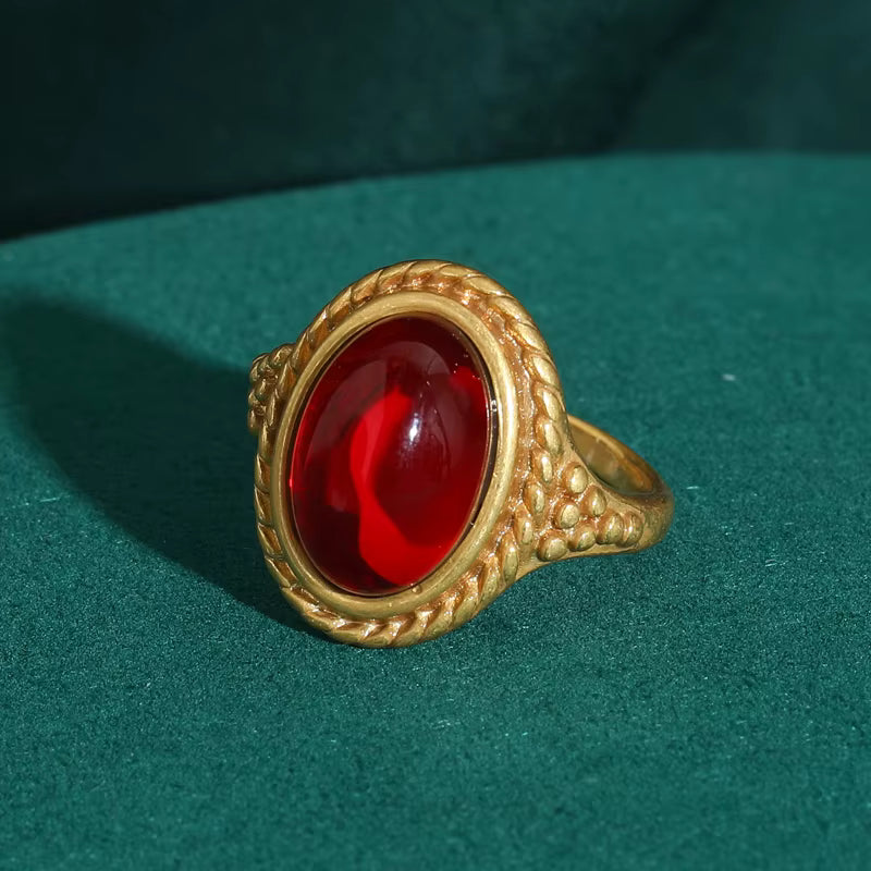 Women Red Oval Round Natural Stone Vintage Open Engagement Rings