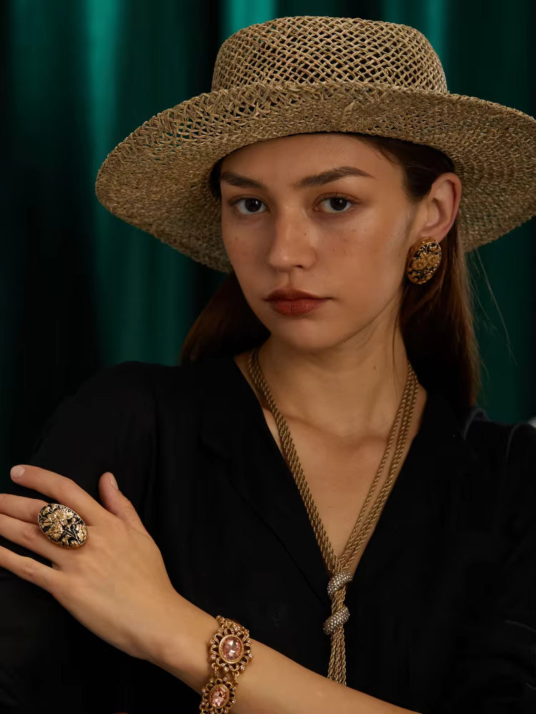 18K Gold-Plated Women Hand-Carved Floral Enamel Vintage Art Deco Ring